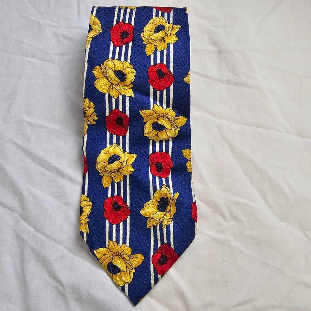Hugo Boss Mens Silk Tie Blue White Striped Red Yellow Floral Made in Italy